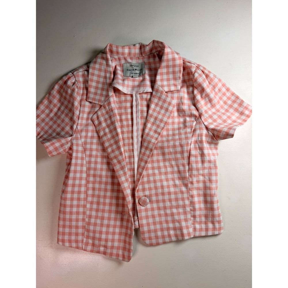 Haute Monde Blazer Women Small Pink Excellent Gingham Short Sleeve Notched Lapel